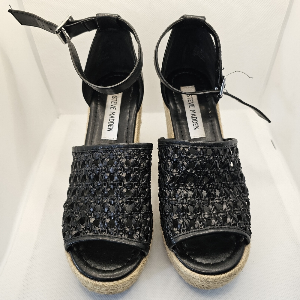 Steve Madden Joni wedge sandal shoes 6.5 heels black espadrilles open toe lace - Picture 3 of 11